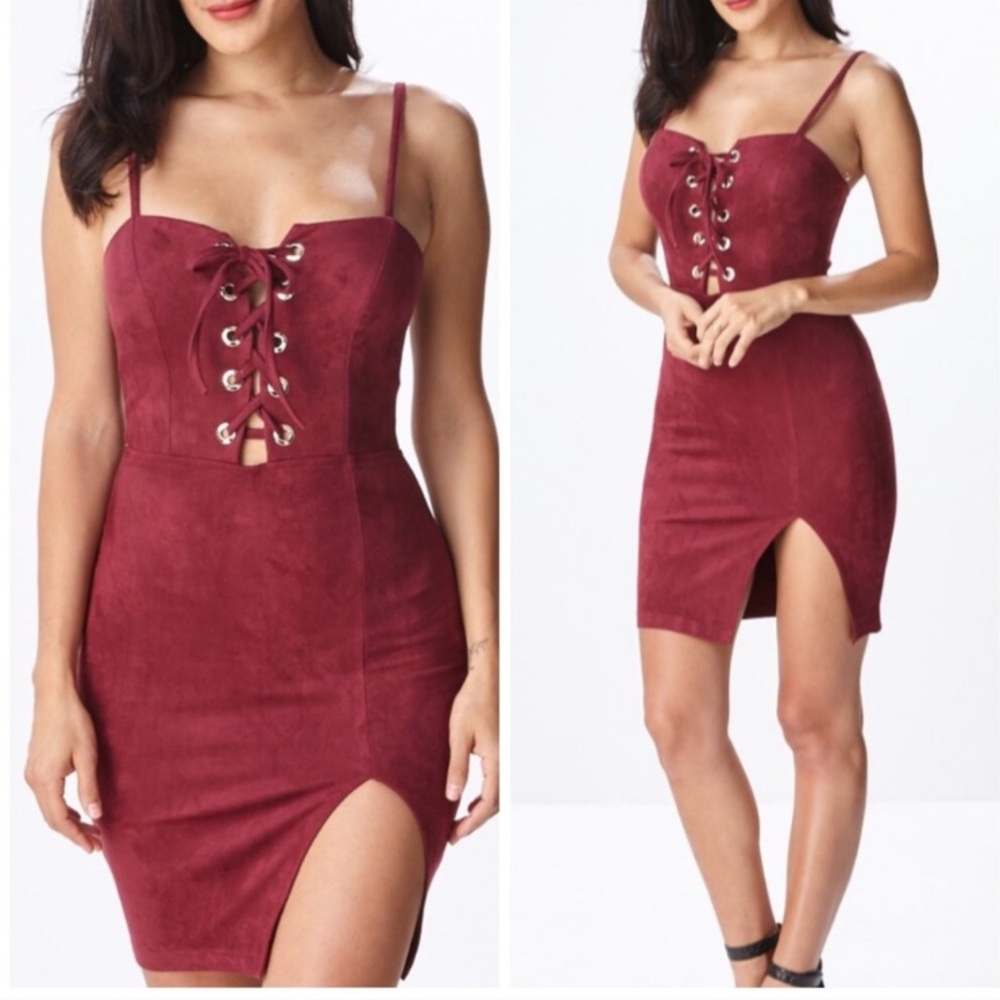 Hera Collection Faux Suede Lace Up Dress Burgundy New Tags